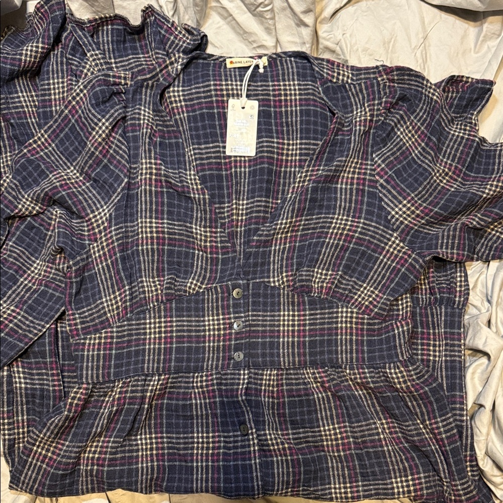 Marine Layer Navy Plaid Ruffled Blouse